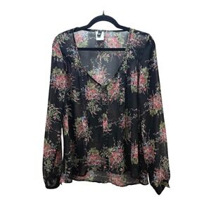 Love Squared Floral Blouse Size L Black Pink Sheer V-Neck Button Front Top